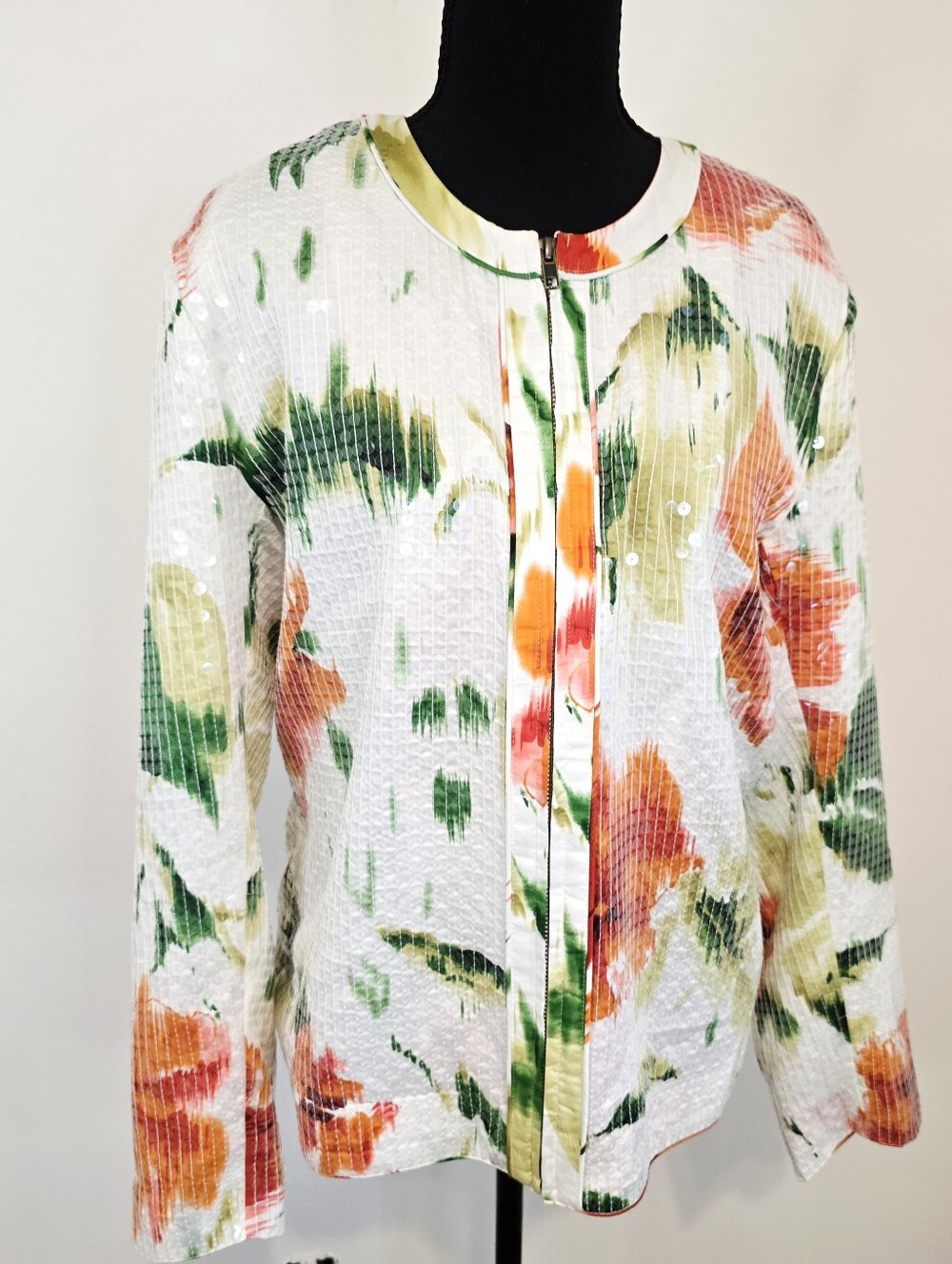 Chico’s Tropical Sequin Textured Zip Jacket Resort Coastal Cruise Cotton Glam - Picture 4 of 9